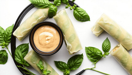 Fresh spring rolls with creamy dipping sauce arranged on a white surface, accompanied by fresh basil leaves and vibrant green herbs, showcasing healthy Asian cuisine in natural light