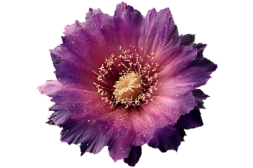 Close up macro shot of a vibrant purple cactus flower with delicate petals and abundant yellow pollen against a transparent background
