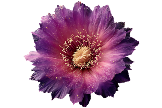 Close up macro shot of a vibrant purple cactus flower with delicate petals and abundant yellow pollen against a transparent background