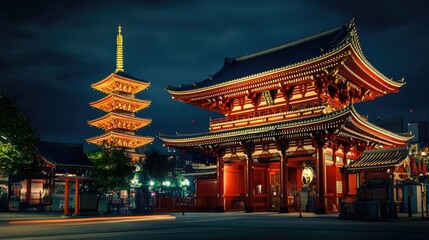 Obraz premium Illuminated Pagoda and Gateway at Night in Tokyo