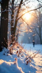 Obraz premium Serene Winter Sunlight Filtering Through Bare Branches Illuminates a Snowy Landscape, Evoking a Sense of Tranquil Beauty on a Cold January Day