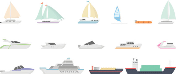Flat Vector Illustration Set of Various Boats and Yachts Including Sailboats, Speedboats, Cruise Ship, and Jet Ski for Nautical Infographic, Template, and Web Design