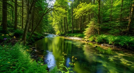 A serene river flows gently through a lush green forest, with sunlight dappling through the dense canopy, creating a peaceful and vibrant natural landscape.
