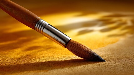 Close up of a wooden paintbrush with fine bristles resting on a textured yellow canvas with warm golden light and shadows