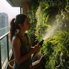 Woman watering indoor plants in a bright apartment with greenery on a sunny day