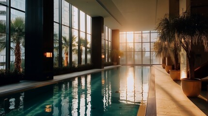 Indoor swimming pool surrounded by palm trees at sunset in a modern building