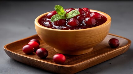 Close up of a wooden bowl filled with glistening cranberry sauce topped with fresh mint leaves and whole cranberries