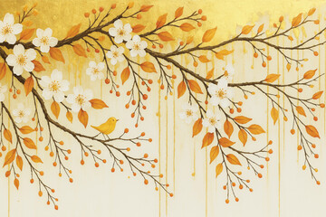 "Elegant Autumn Blossom with Golden Background and Bird"
