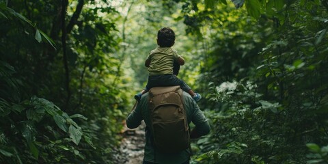 Fototapeta premium A father carrying his child on his shoulders while walking through a forest trail