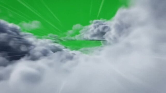 a dynamic forward-motion flight through dense clouds on a pure chroma key green screen background