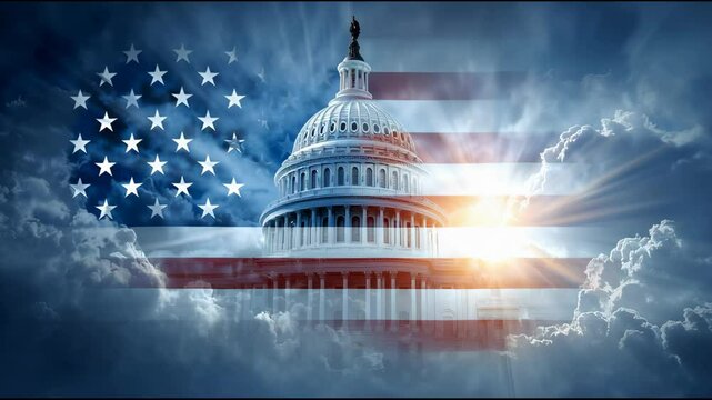 Majestic U.S. Capitol Building Surrounded by American Flag and Dramatic Clouds at Sunrise