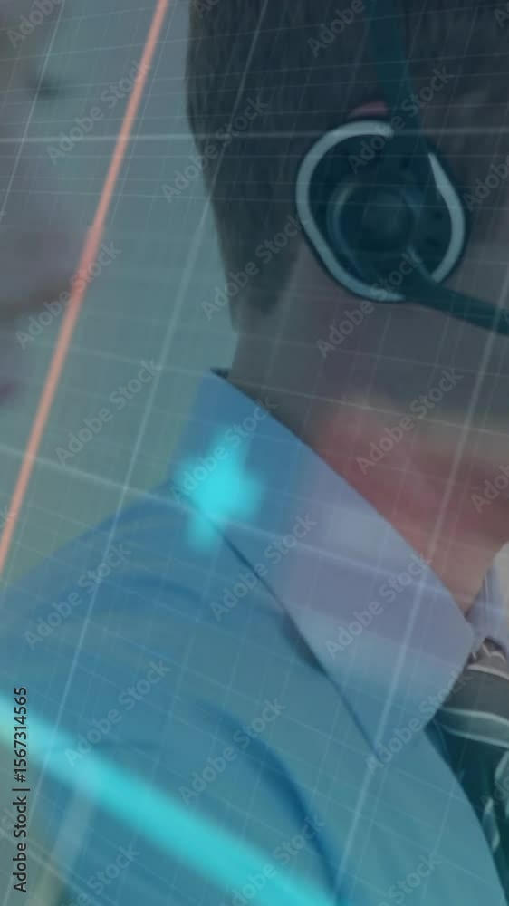 Poster animation of scope scanning over diverse colleagues using phone headsets and computers