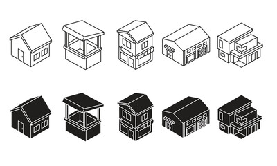 Isometric Building Icon Set Vector Outline Icons of House, Shop, Warehouse, and Kiosk