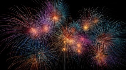 Artistic long exposure of colorful firework bursts creating intricate patterns over an all-black background.