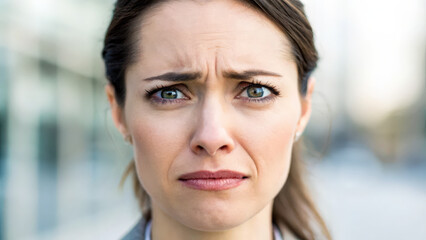 Naklejka premium Woman displays silent expression of concern, possibly due to migraine, reflecting deep thought and contemplation in busy environment