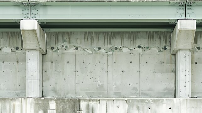 Underside of a grey concrete bridge revealing its structural support elements