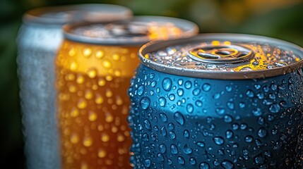 Close-Up of Cold Soda Cans with Water Droplets for Summer Refreshment