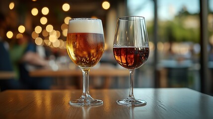 Naklejka premium Two elegant glasses of beer and wine on a wooden table in a cozy restaurant with warm lighting