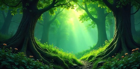 Enchanting Deep Forest Background Dappled Sunlight, Lush Greens, Mysterious Shadows ? Perfect for Fantasy, Fairytale, and Nature Projects