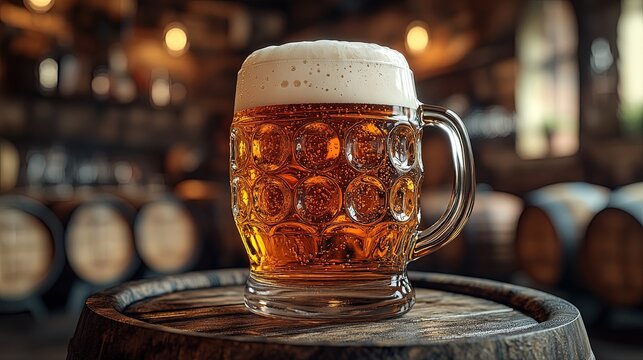 A mug of beer with a frothy head on a wooden barrel in a cozy bar setting - Powered by Adobe