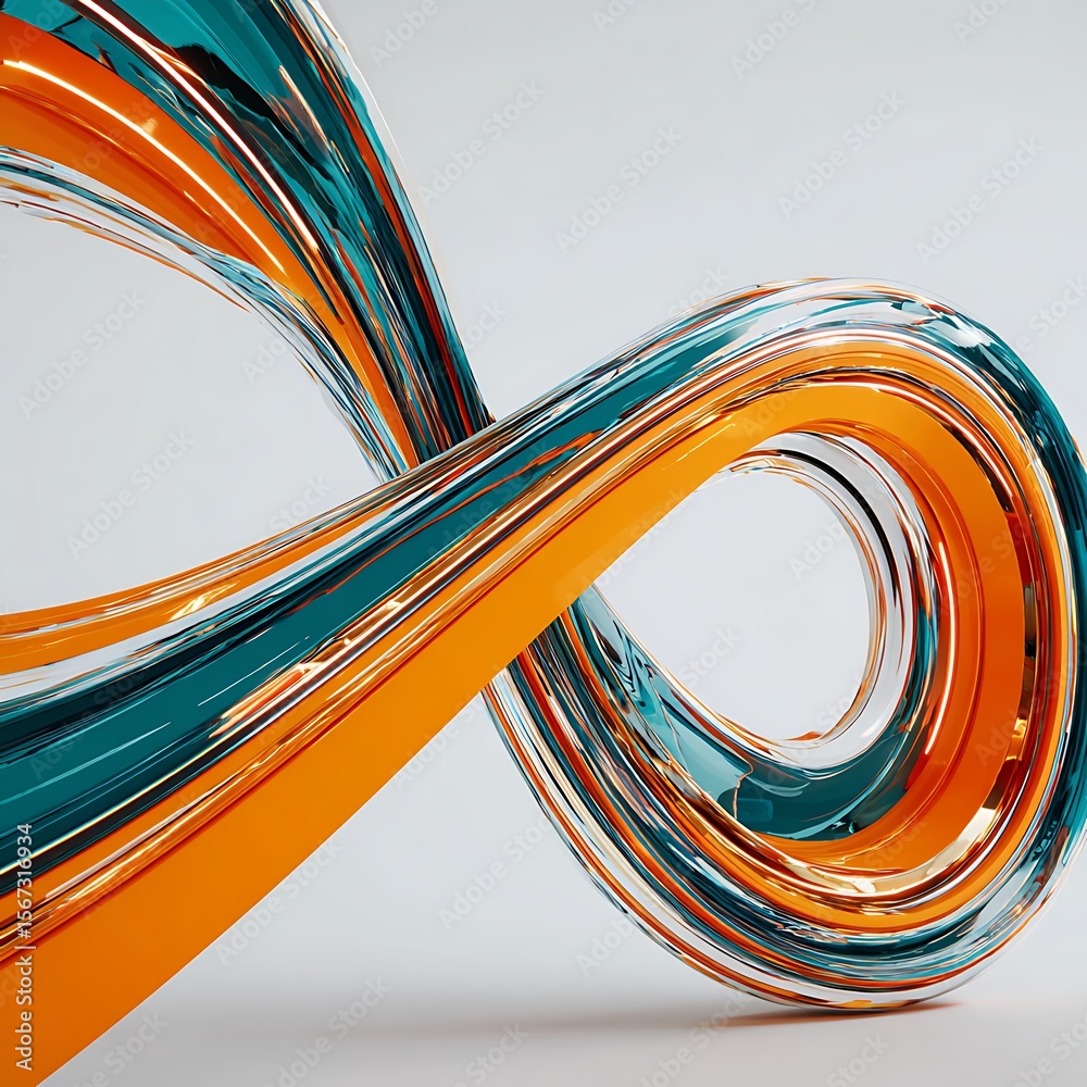 Fototapete abstract flowing ribbon of orange and teal colors with reflective surfaces creating an infinity loop