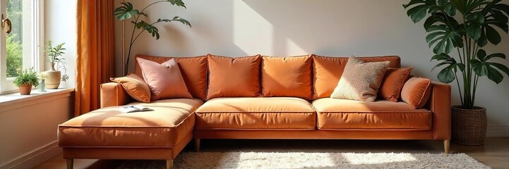 Sunlit Living Room Plush Velvet Couch, Cozy Throw Pillows, Perfect for Relaxation and Comfort
