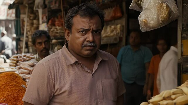 Indian Street Vendor Looks Steadfastly at the Camera
