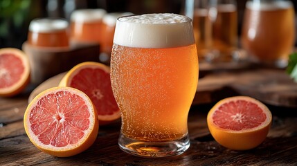 A glass of refreshing grapefruit beer with slices of grapefruit on a wooden table, perfect for a casual gathering or a relaxing evening at home.