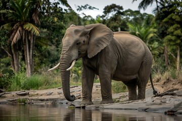 Majestic african elephant drinks water from a riverbank surrounded by lush jungle foliage