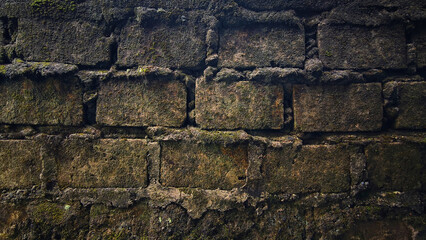 Rustic Aged Mossy Concrete Block Wall Texture with Grunge Details Background