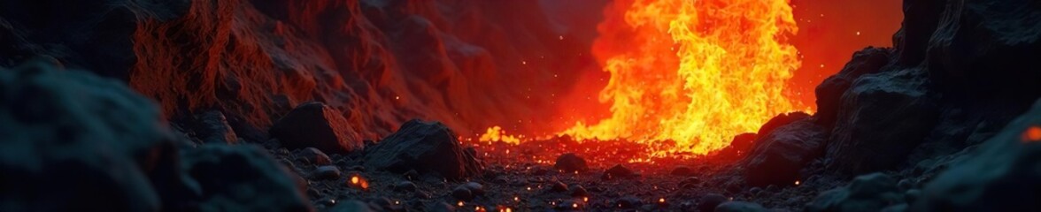 Intriguing shadows obscure a source of intense heat; glowing embers hint at a hidden, powerful energy A mystery unfolds in the depths of this fiery scene , abstract, volcano