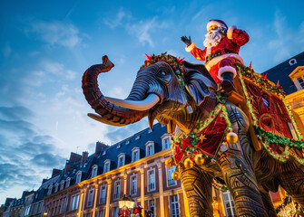 Fototapeta premium Illuminated and colorful christmas figure on Christmas market with blue sky
