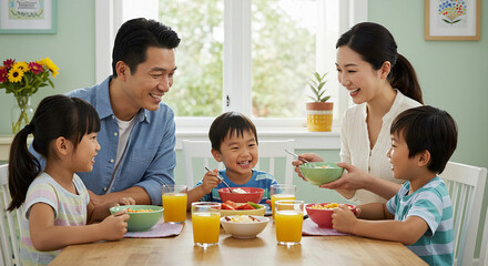  Asian family having breakfast together at home
