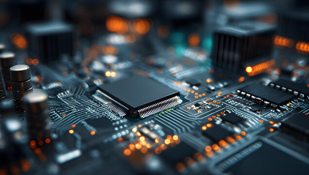 Close-up of circuit and computer motherboard on a high-tech background.
