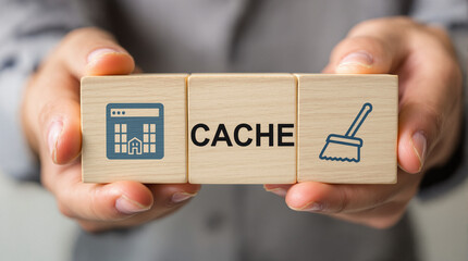 CACHE. Cleaning mobile phone from trash files. Deleting documents with cleansing software. Cache and spam concept for website design or landing web
