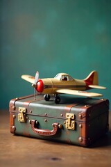 Whimsical Vintage Suitcase Airplane Model A charming handcrafted plane crafted from a repurposed suitcase, sits on wood, perfect for travel, adventure, and childhood themed projects.