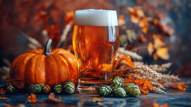 A glass of amber beer with frothy head, surrounded by pumpkin, hops, autumn leaves and wheat, creating a warm and inviting fall scene.