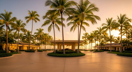 Obraz premium Luxury Resort Getaway Tropical Paradise with Palm Trees and Sunset Vista