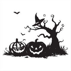 Timeless and elegant Halloween silhouette, hand-drawn in classic black and white vector style.  Rough textured pencil strokes and a white background enhance the vintage feel.