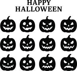 Happy Halloween Pumpkin Silhouette Vector Set – Spooky Jack-O’-Lantern Faces for Holiday Decor, Stickers, and Cards