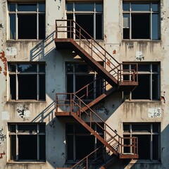 Rusty exterior metal fire escape staircase on old abandoned building facade with broken windows and urban graffiti details
