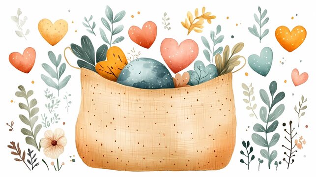 Flat eco illustration of a reusable cloth bag filled with decorated sugar cookies shaped like hearts, leaves, and Earth, surrounded by small eco icons and floral accents - Powered by Adobe