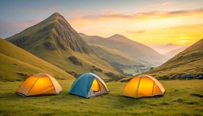 Scenic Camping Tents in Lush Valley at Sunset with Majestic Hills