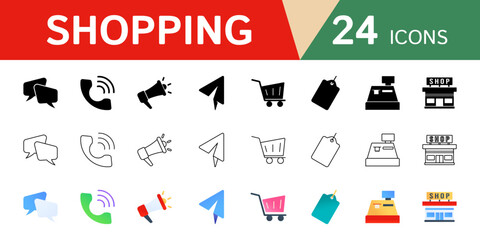 Collection of shopping theme icons. Design symbols for shopping carts, price tags, cash registers, shops and more.