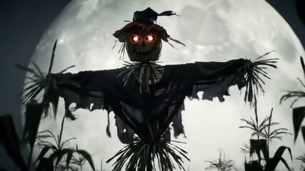 Eerie scarecrow with glowing eyes standing in a cornfield under a full moon at night - Powered by Adobe