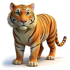 Obraz premium Adorable cartoon tiger with bright green eyes standing on a white background