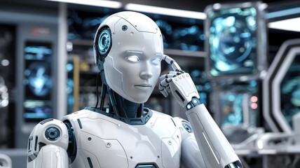 3d rendering of an android robot in a thinking pose touching its head with a finger