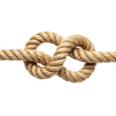 Close up view of a thick natural fiber rope tied in a secure figure eight knot isolated on transparent background