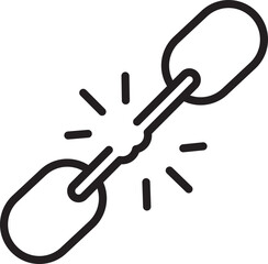 Broken chain link icon, simple black outline, symbolizing disconnection, failure, or weakness, with lines indicating breakage, isolated on transparency background