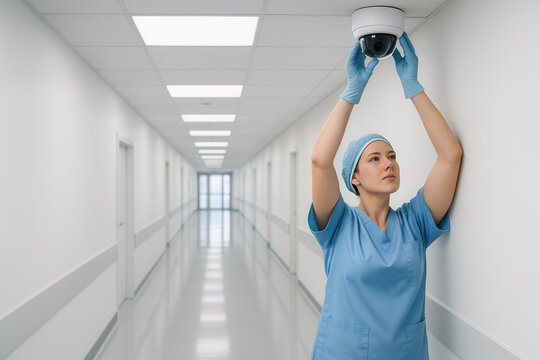 Healthcare surveillance installation hospital corridor professional photography clean environment close-up perspective security concept - Powered by Adobe